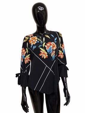 Alfani Black Floral Tie-Sleeve Blouse